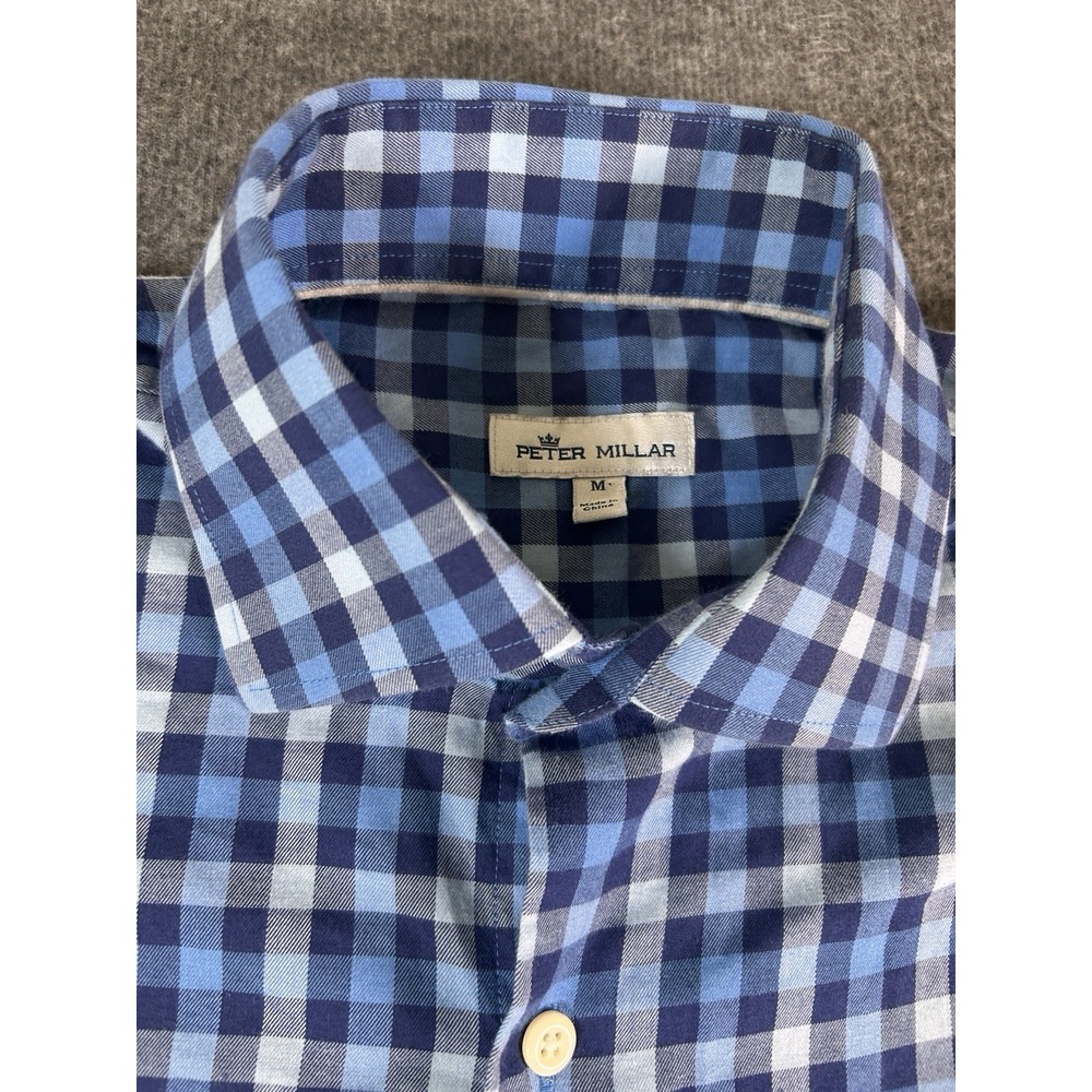 Peter Millar Shirt Medium Blue Plaid Long Sleeve Button Up Cotton‎ - Picture 3 of 7